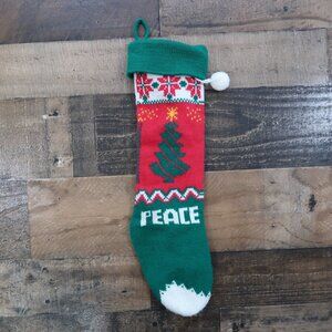 Vintage Christmas Stocking Red & Green Knit "Peace" Christmas Tree Pom Pom